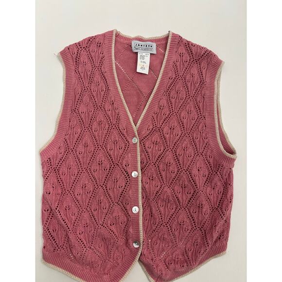 Vintage Jantzen Ramie Cotton Knit Sweater Vest L Pink Eyelet Lace Button Front - Picture 2 of 6